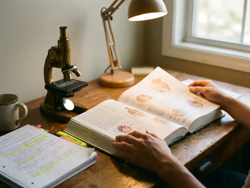 Student bestudeert biologieboek met anatomische diagrammen, microscoop en kleurrijke notities op houten bureau