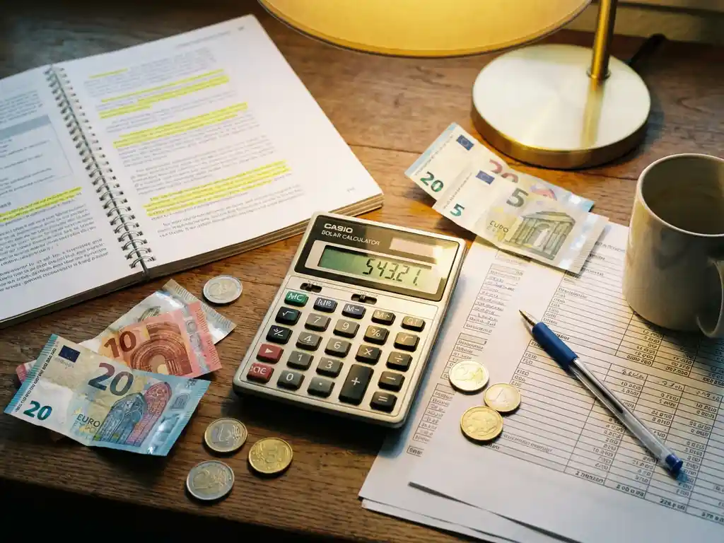 Rekenmachine met cijfers op houten bureau omringd door eurobiljetten, munten, open studieboek en financiële werkbladen