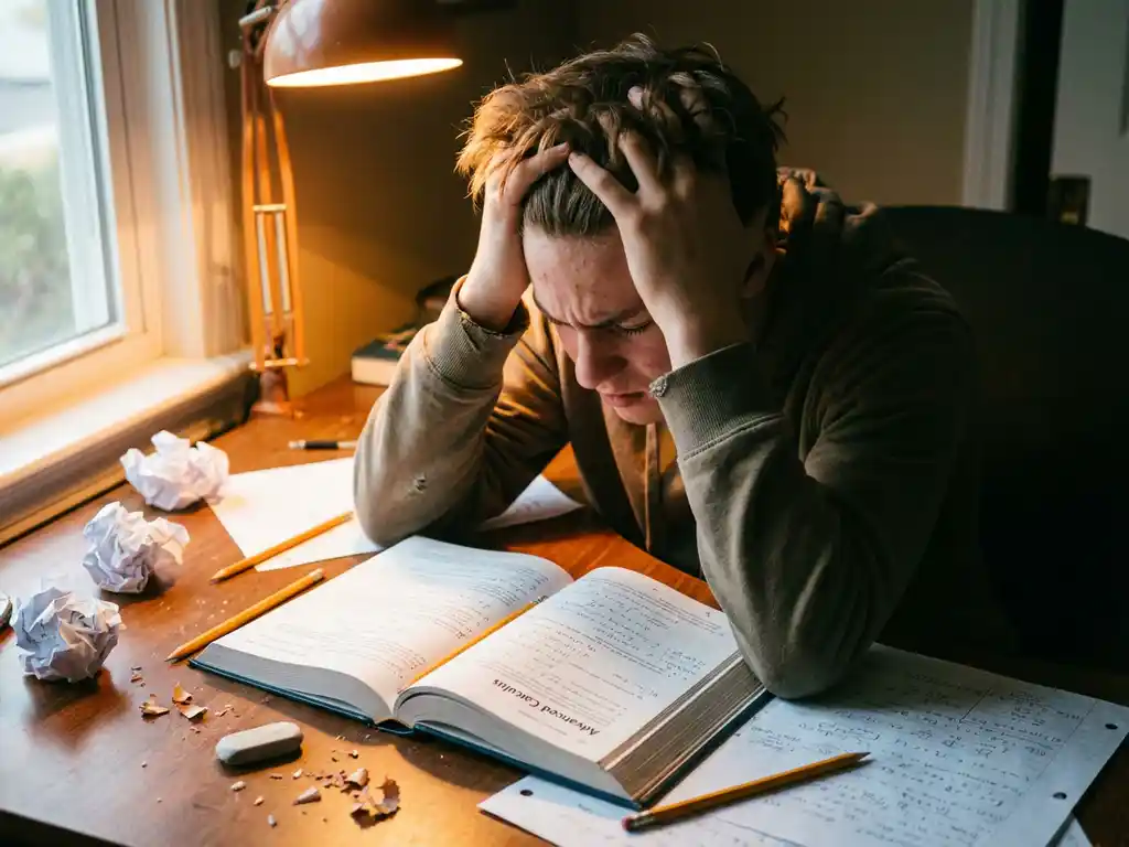 Gefrustreerde tiener met hoofd in handen bij wiskundeboek vol vergelijkingen, potloden en verfrommeld papier op bureau