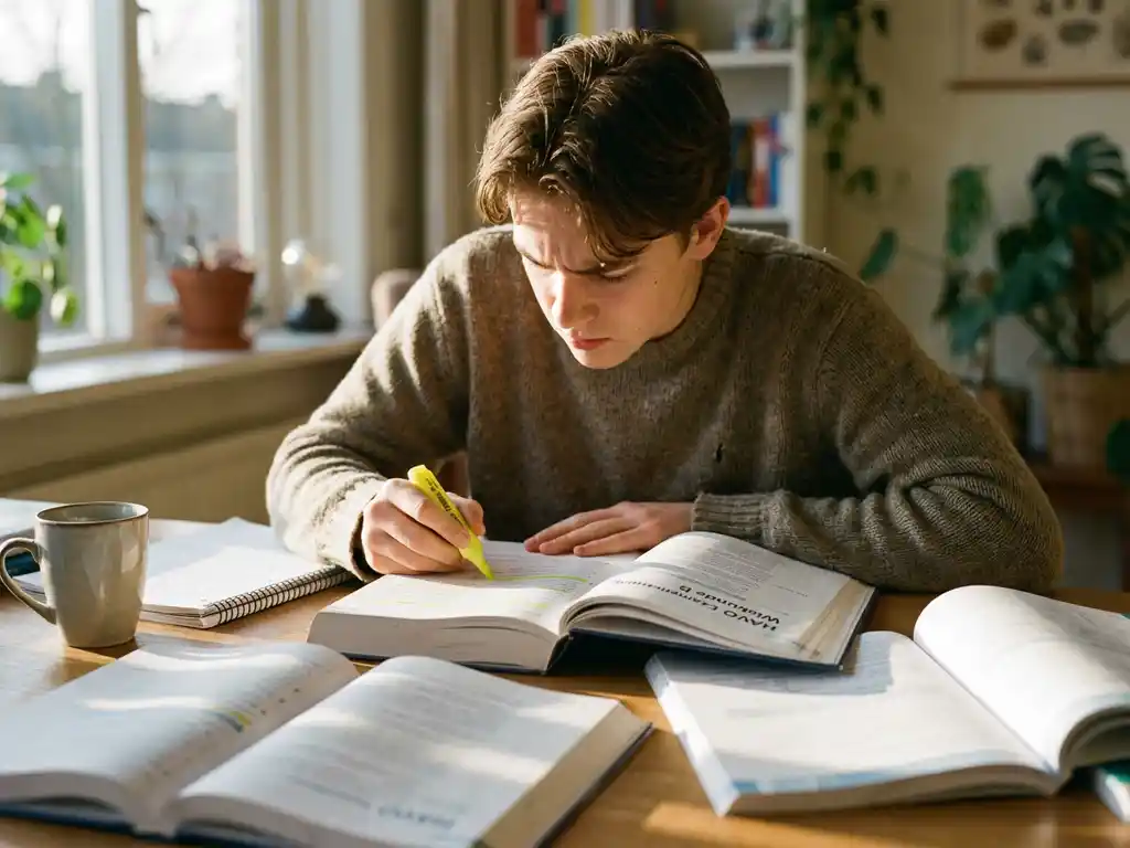 Tiener studeert geconcentreerd aan houten bureau met HAVO examenbundel, markeerstift in hand, zonlicht door raam