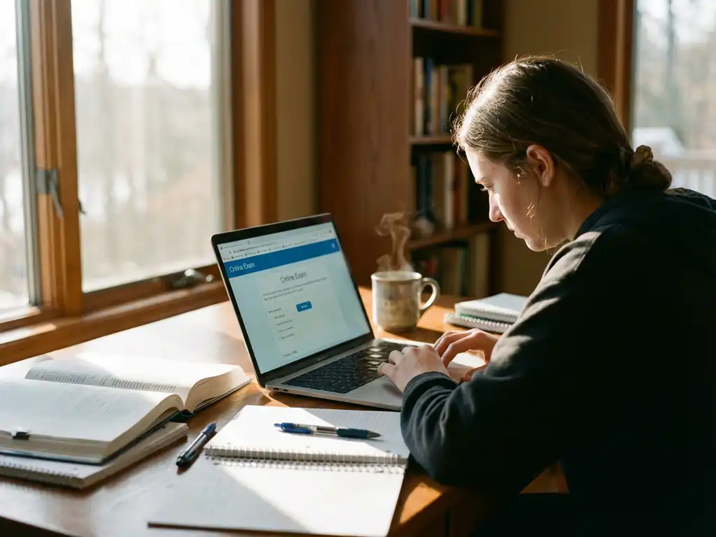 Student aan bureau met laptop die online examen aflegt, studieboeken en koffiekopje in natuurlijk licht