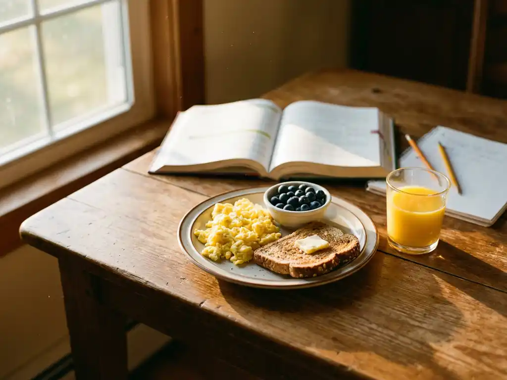 Ontbijtbord met roerei, volkoren toast en blauwe bessen op houten tafel naast studieboeken in ochtendlicht