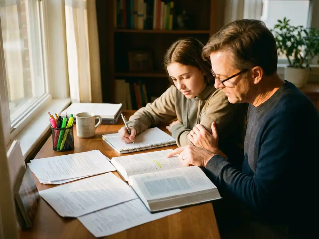 Ouder helpt tiener met huiswerk aan houten bureau, warm zonlicht door raam, studiemateriaal en pennen georganiseerd