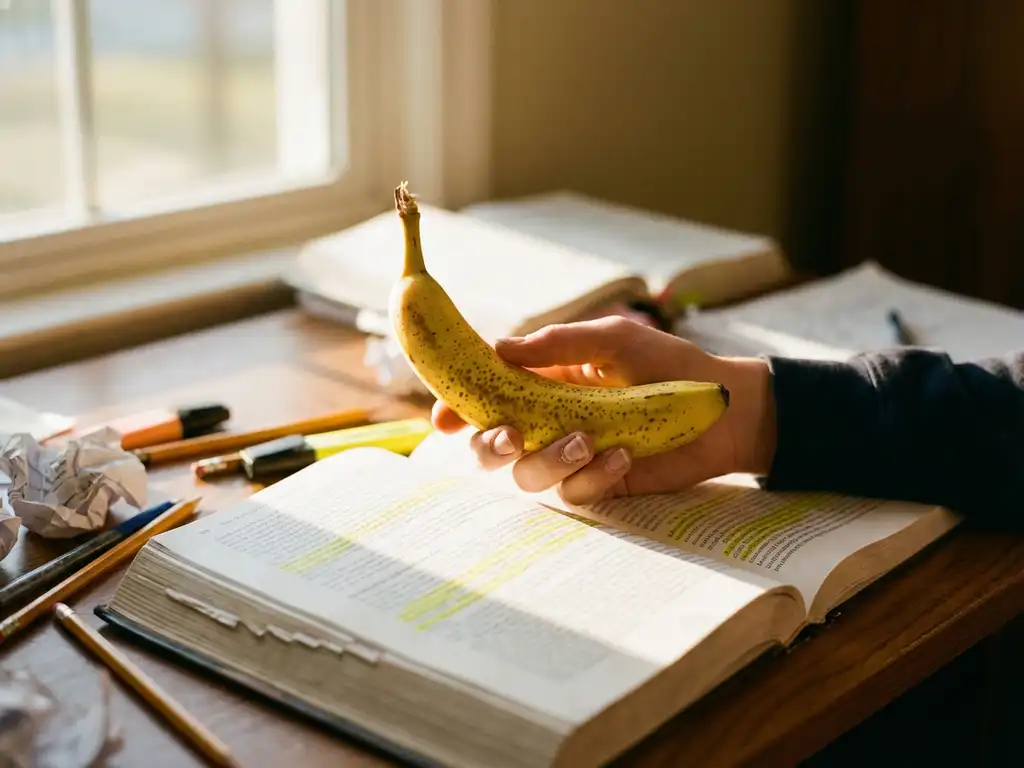 Student houdt rijpe banaan boven opengeslagen studieboek met pennen en markeerstiften op houten bureau