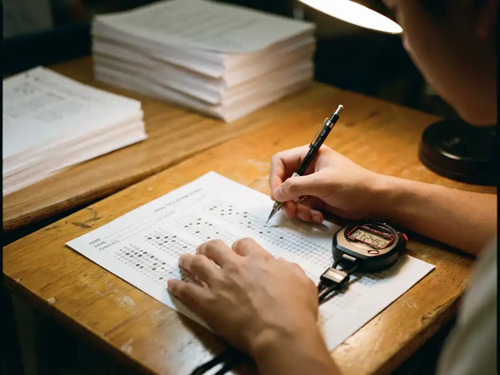 Student houdt mechanisch potlood boven multiple choice examen met stopwatch op houten bureau, stapels oefentests op achtergrond