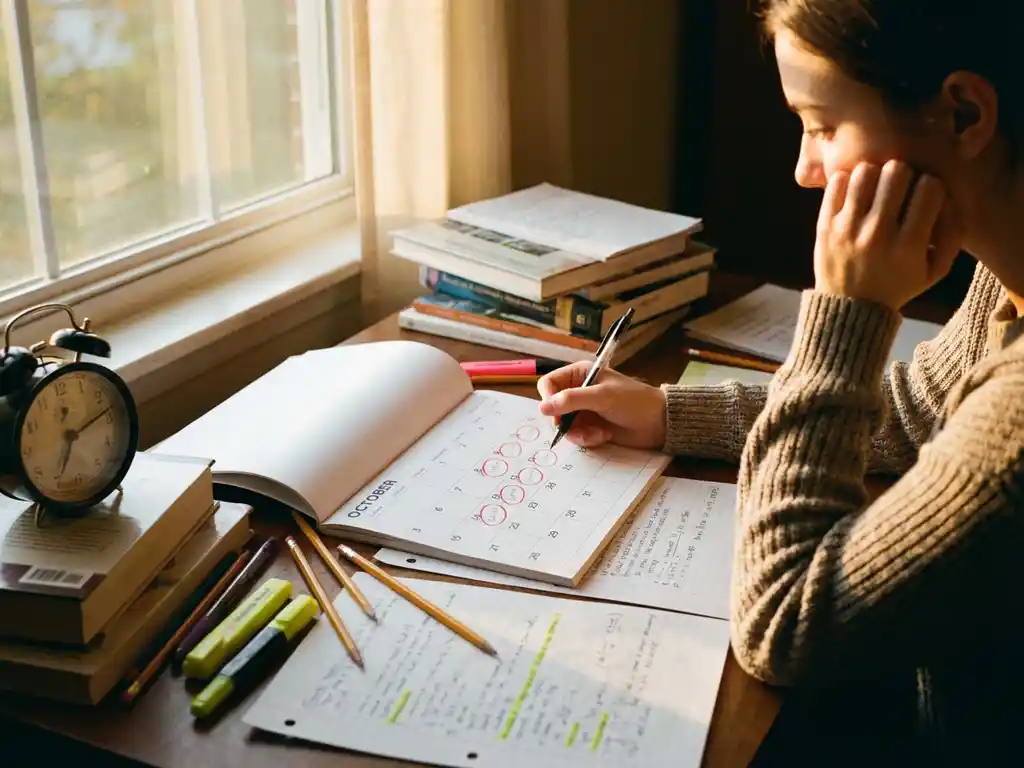 Student zit aan houten bureau met open kalender met rode examendatums, studieboeken en klok in warm zonlicht
