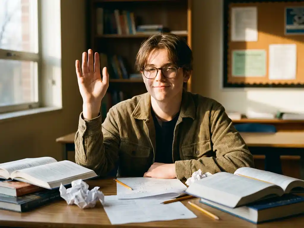 Zelfverzekerde student steekt hand op aan bureau met examenpapieren en studieboeken in warm zonlicht
