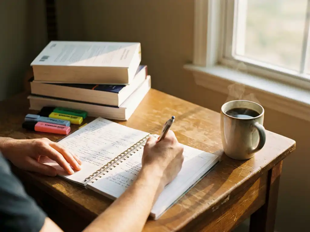 Student schrijft in planner naast stapel boeken, markeerstiften en koffiekop op houten bureau in warm zonlicht
