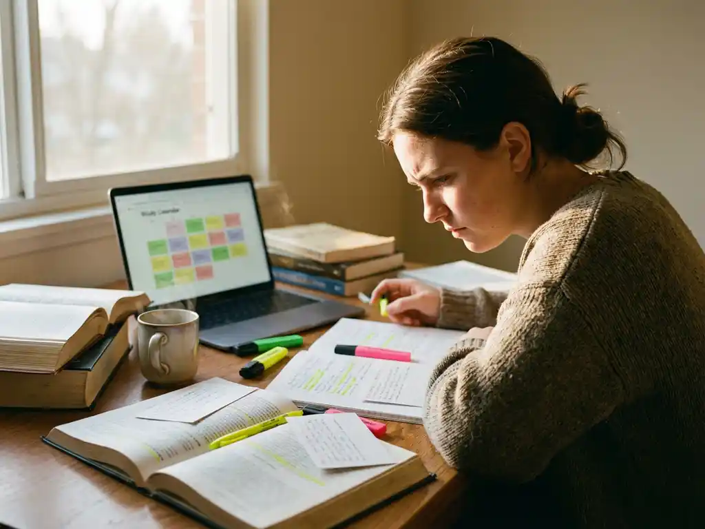 Student concentreert zich aan bureau met examenstudiemat​erialen, boeken, laptop en koffie in natuurlijk licht