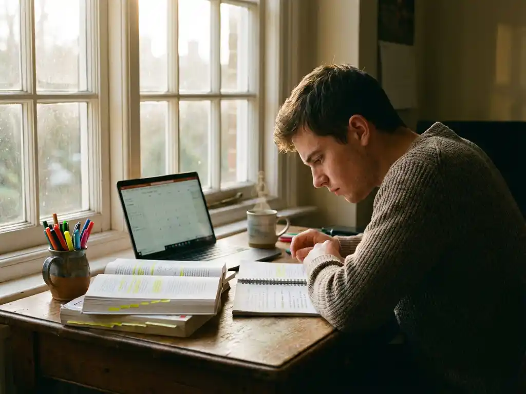 Student studeert geconcentreerd aan bureau met boeken, laptop, notities en koffie in warm zonlicht