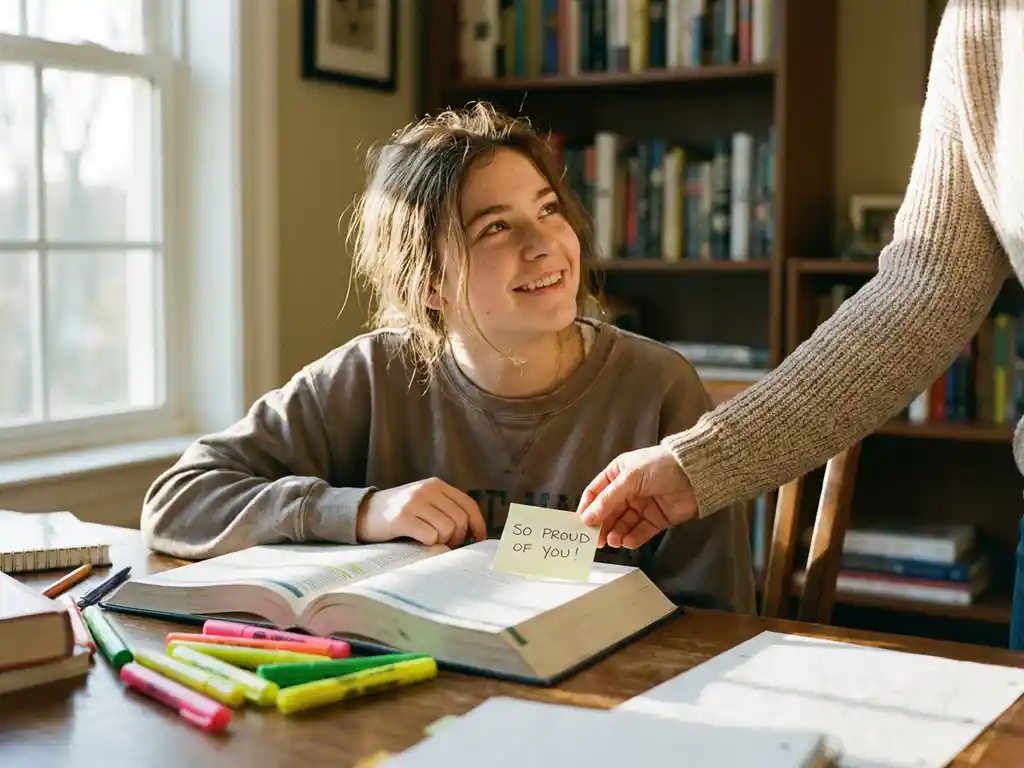 Lachende tiener student aan bureau met studieboeken terwijl ouder bemoedigend briefje plaatst in zonnige kamer
