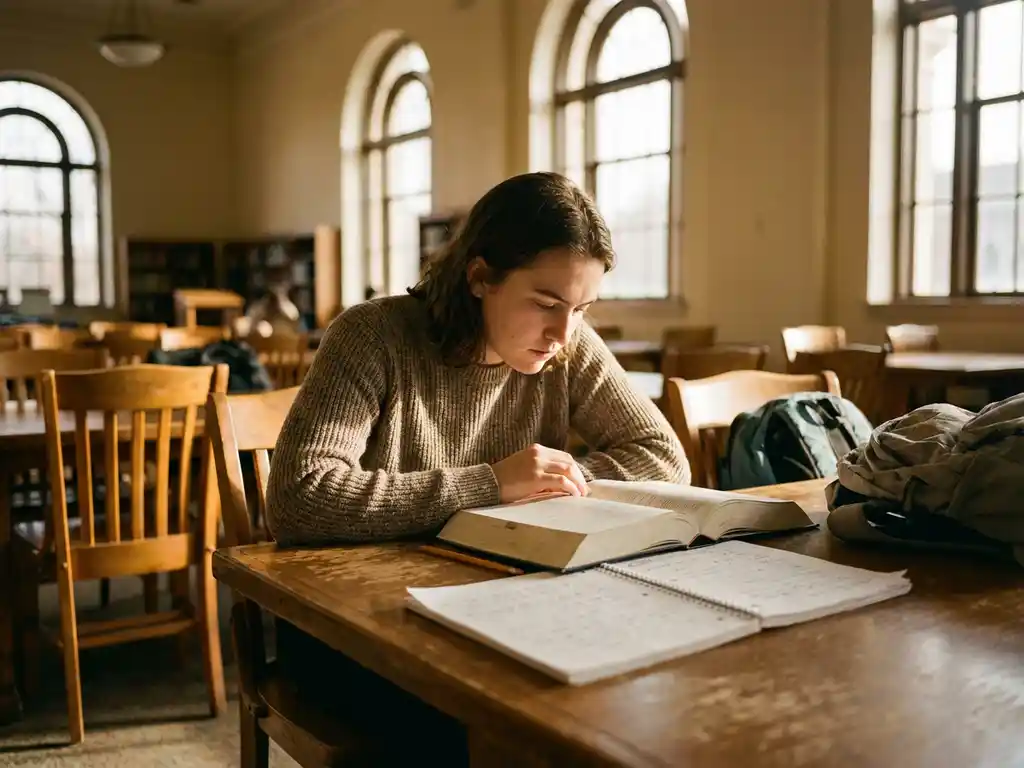 Student studeert geconcentreerd aan houten bureau met open boeken, omringd door lege stoelen in zonlicht