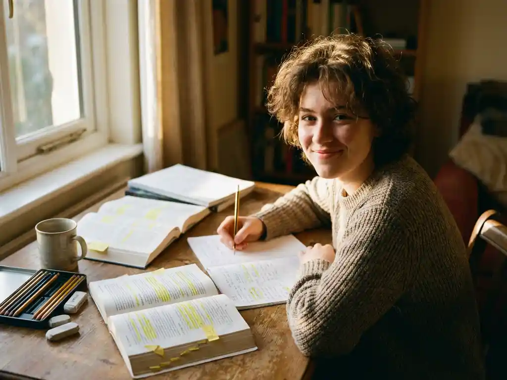 Student studeert gefocust aan houten bureau met open studieboek, notities en potloden in warm zonlicht
