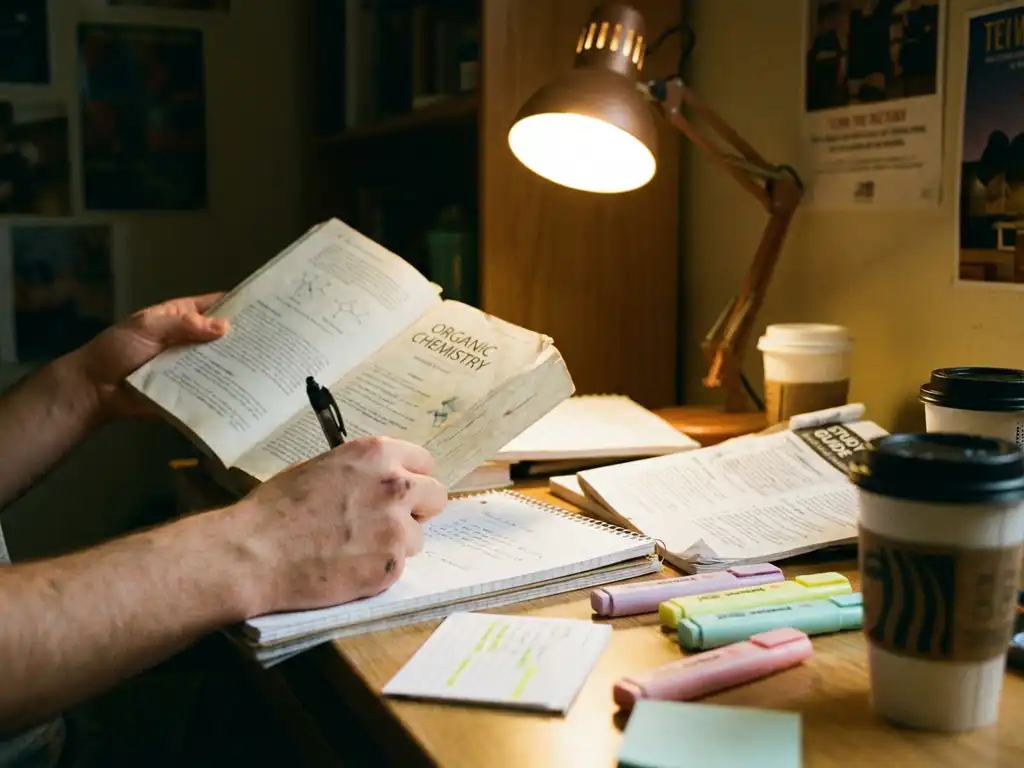 Student bestudeert open leerboek terwijl hij aantekeningen maakt, omringd door studiemateriaal op houten bureau