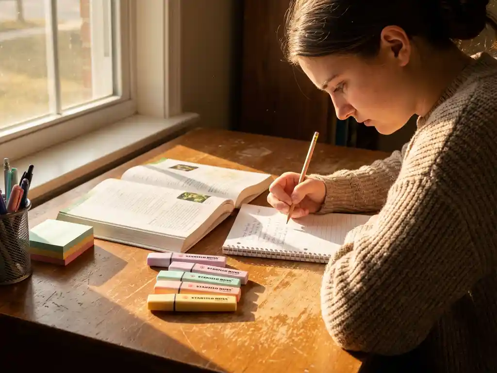 Student studeert geconcentreerd aan houten bureau met open boeken, notitieblok en georganiseerde studiematerialen