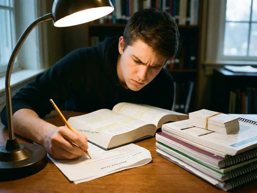 Student studeert geconcentreerd aan houten bureau met open boek, notities en stapel studiemateriaal onder bureaulamp