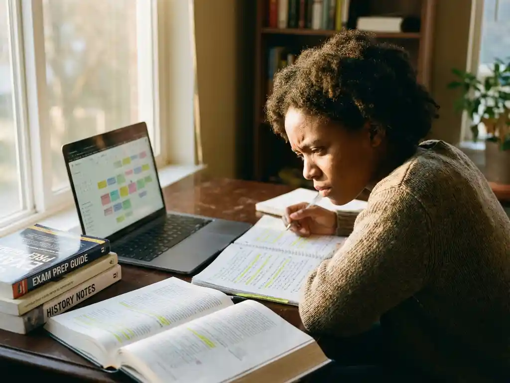 Student studeert geconcentreerd aan bureau met opengeslagen boeken, laptop en aantekeningen in warm zonlicht