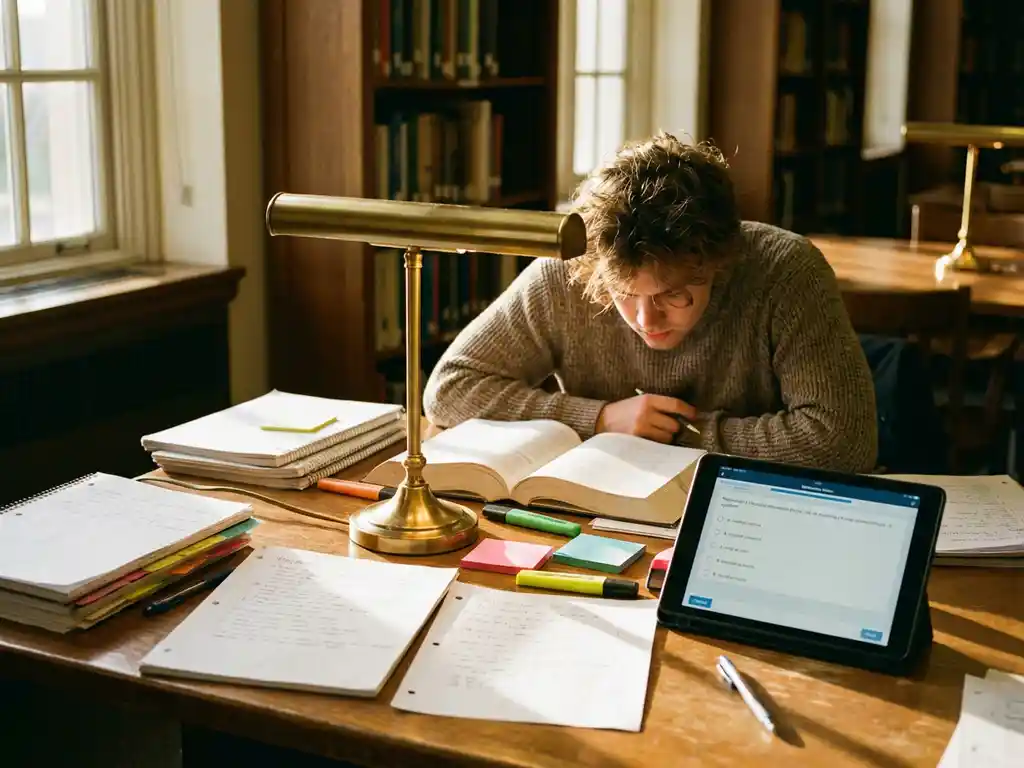Student studeert intensief aan houten bureau met open studieboek, markeerstiften en tablet met oefenvragen