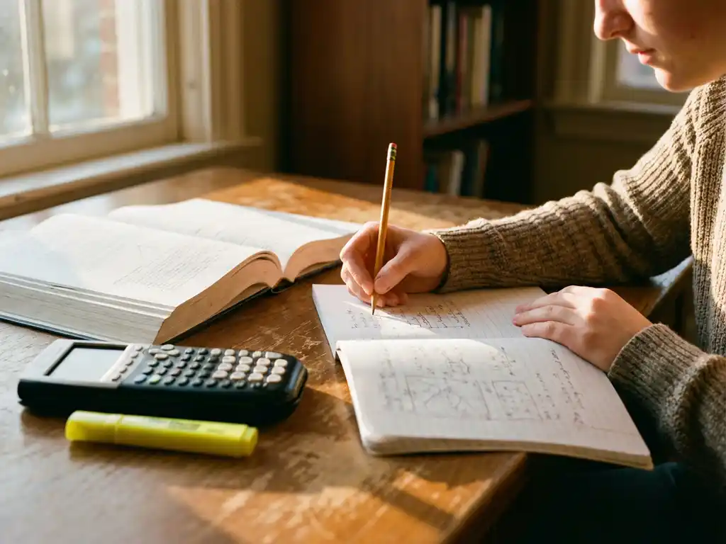 Student schrijft in schrift aan houten bureau met schoolboeken, rekenmachine en markeerstift in warm zonlicht