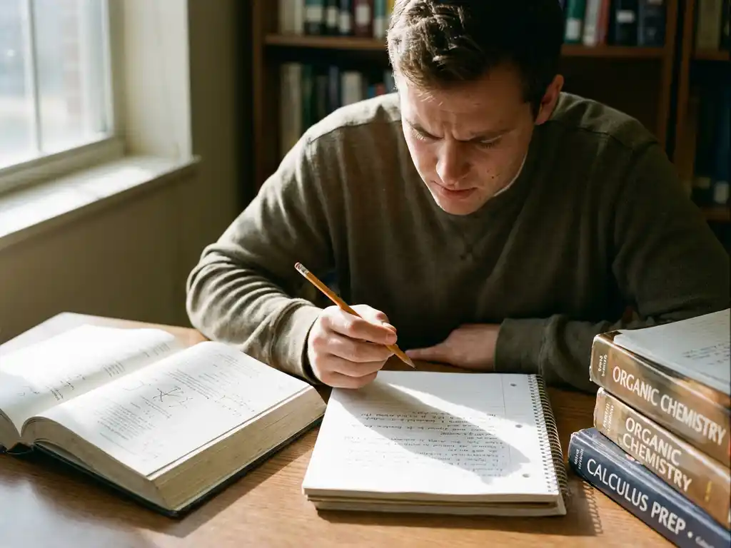 Geconcentreerde student schrijft in notitieboek aan houten bureau met studieboeken en warme zonlicht door raam