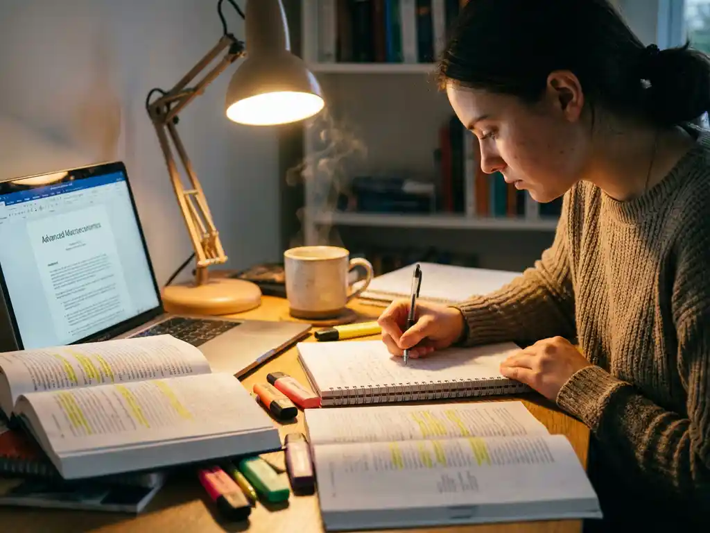 Geconcentreerde student schrijft notities aan bureau met open boeken, markeerstiften en laptop met studiemateriaal