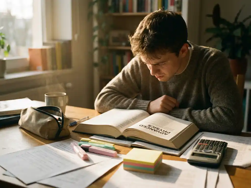 Student studeert intensief aan houten bureau met open studieboek, markeerstiften en rekenmachine in warm zonlicht