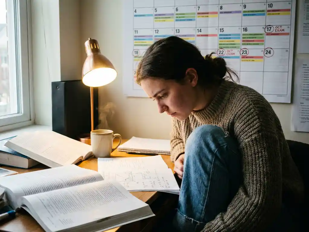 Gefocuste universiteitsstudent studeert aan houten bureau met open boeken, notities en kalender met examenschema