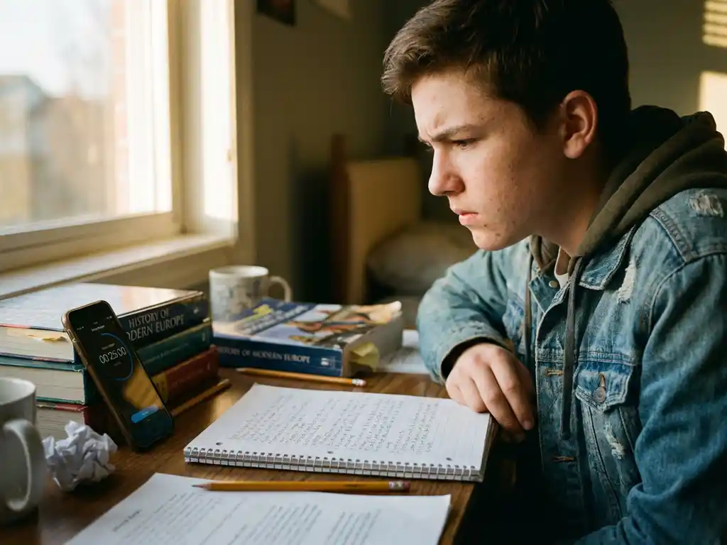 Geconcentreerde tiener studeert aan houten bureau met open boeken, smartphone timer en warm zonlicht door raam