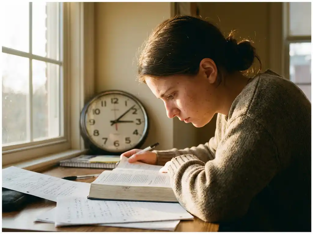 Geconcentreerde student studeert aan houten bureau met open boeken, klok aan muur, warm zonlicht door raam