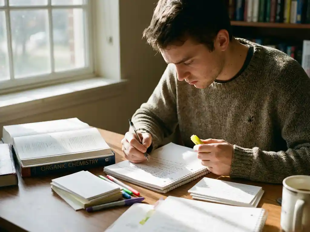 Student concentreert zich tijdens het studeren aan bureau met opengeslagen boeken, notities en kleurrijke pennen