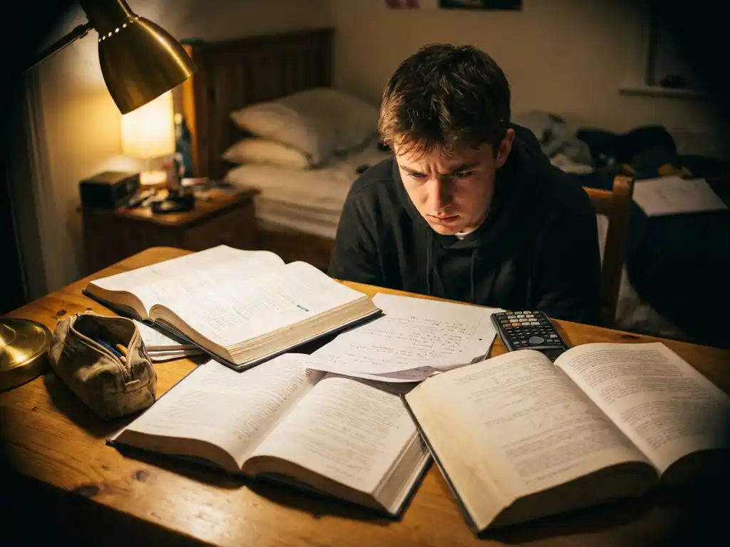 Gestresste middelbare scholier gebogen over rommelig bureau met studieboeken, examenpapieren en rekenmachine onder bureaulamp