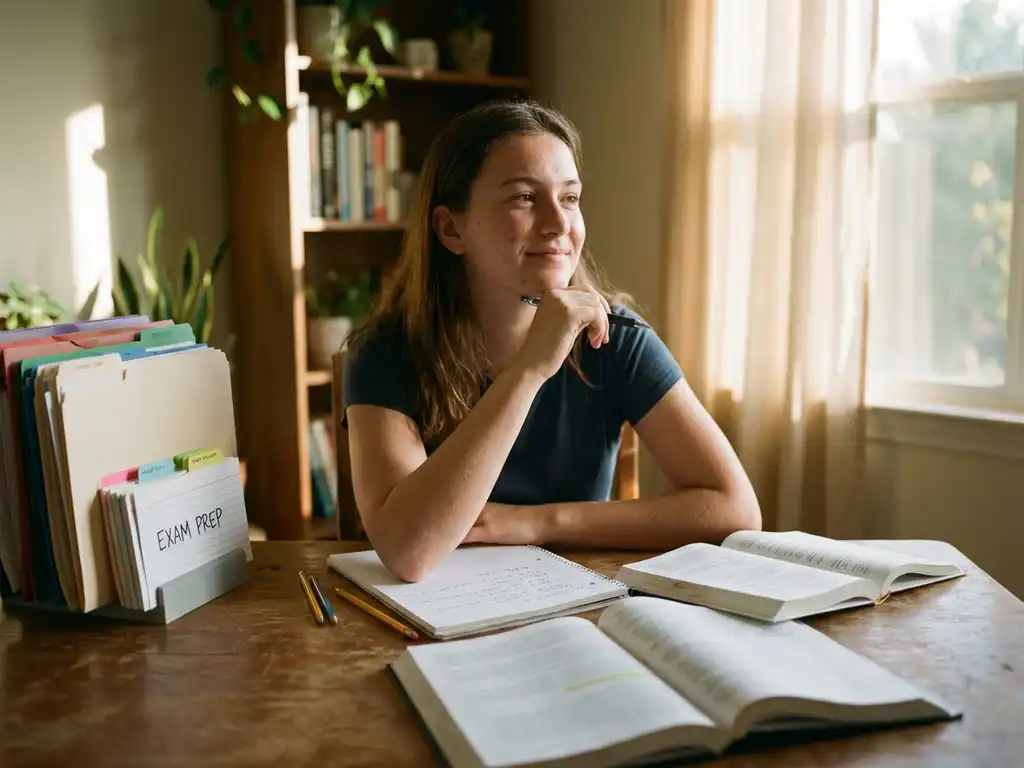 Student zit kalm en zelfverzekerd aan houten bureau met open studieboeken en notities, pen in hand, natuurlijk licht