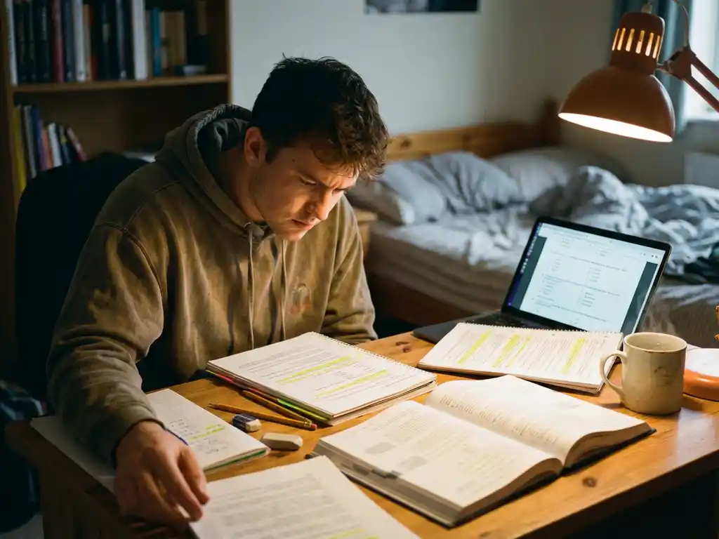 Student studeert intensief aan houten bureau met stapel boeken, laptop, aantekeningen en koffie onder bureaulamp