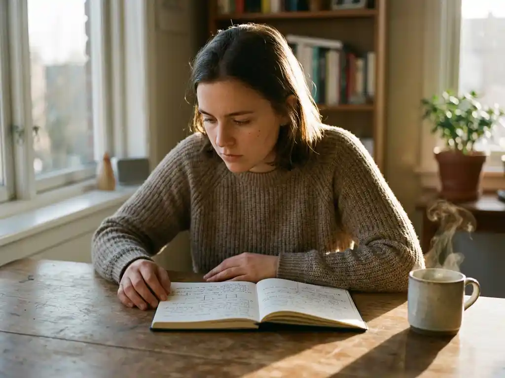 Student concentreert zich op studie aan houten bureau met notitieboek en koffie in zachte ochtendlicht