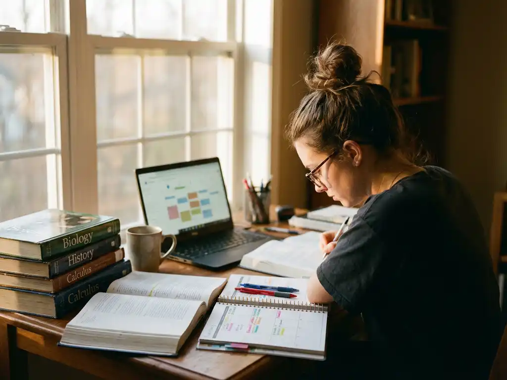 Student aan houten bureau met open planner, studieboeken en laptop met kalender-app in warm natuurlijk licht