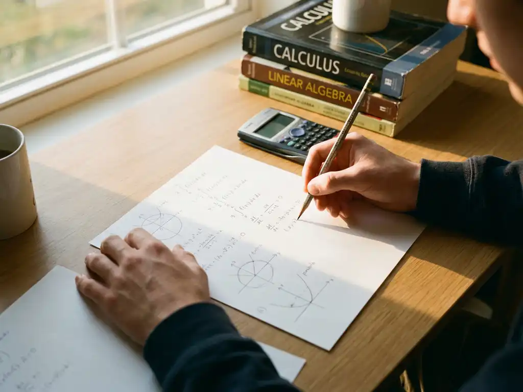 Student schrijft wiskundevergelijkingen met potlood op papier, rekenmachine en wiskundeboeken op houten bureau