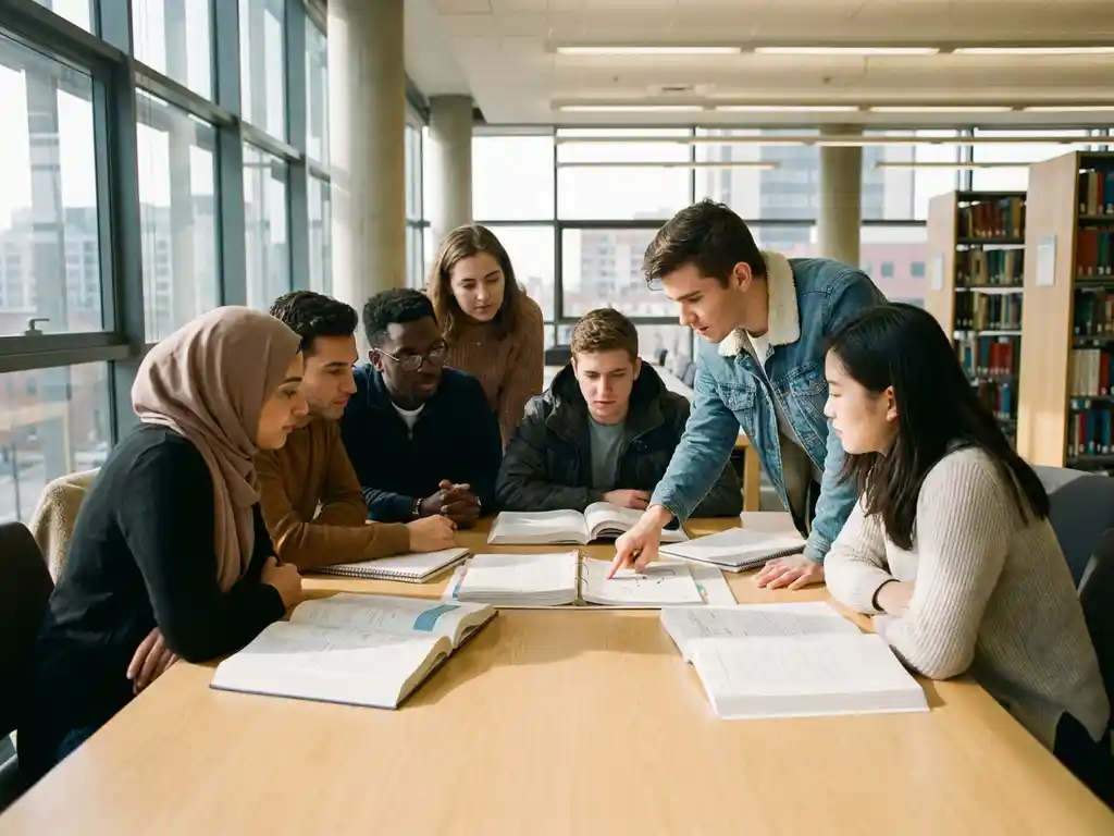 Diverse groep studenten studeert samen rond tafel met boeken, één wijst naar studiemateriaal in helder natuurlijk licht