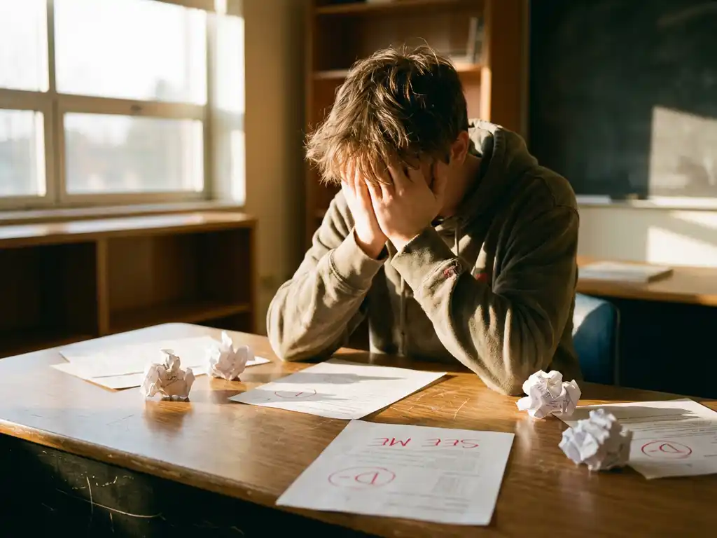 Teleurgestelde tiener zit aan schoolbank met hoofd in handen, verfrommelde examens en rood gecorrigeerd werk zichtbaar