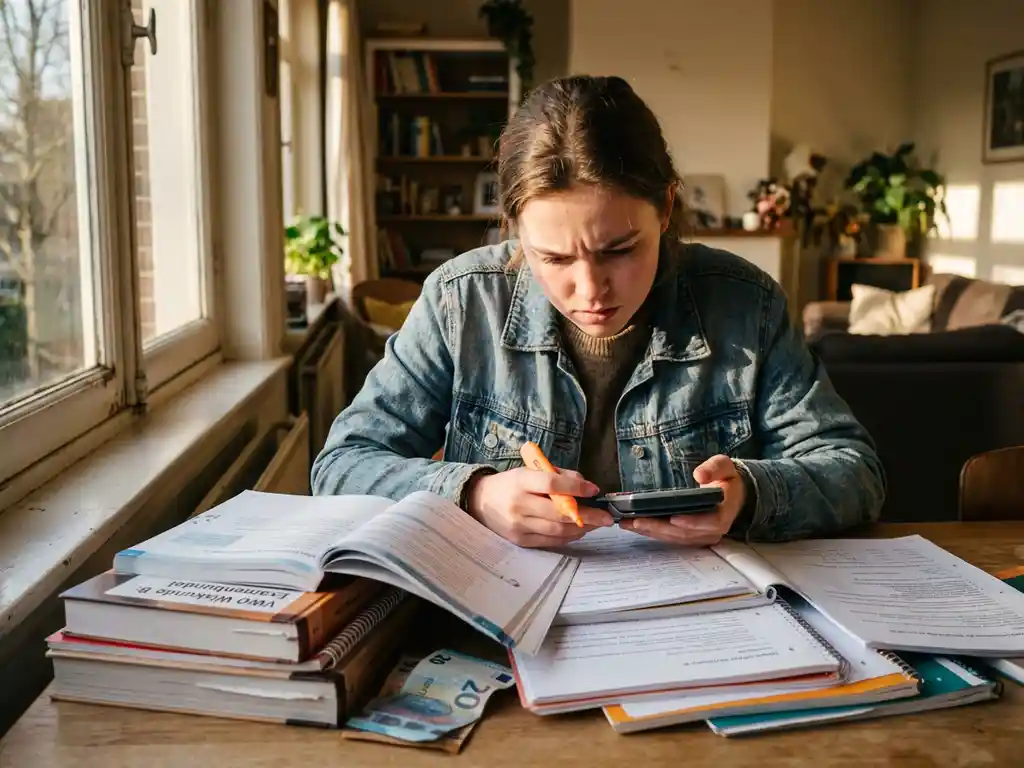 Nederlandse VWO-student bestudeert examenmaterialen aan houten bureau met rekenmachine, markeerstift en studieboeken