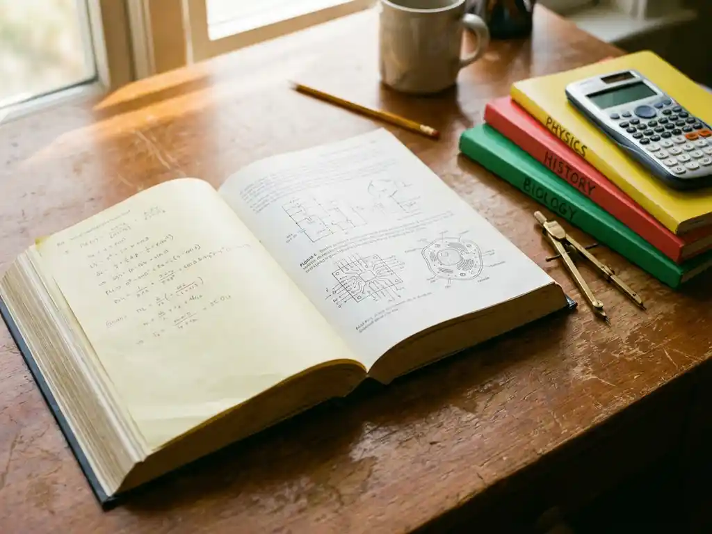 Open wiskundeboek met vergelijkingen en diagrammen op houten bureau, omringd door kleurrijke vakboeken en rekenhulpmiddelen