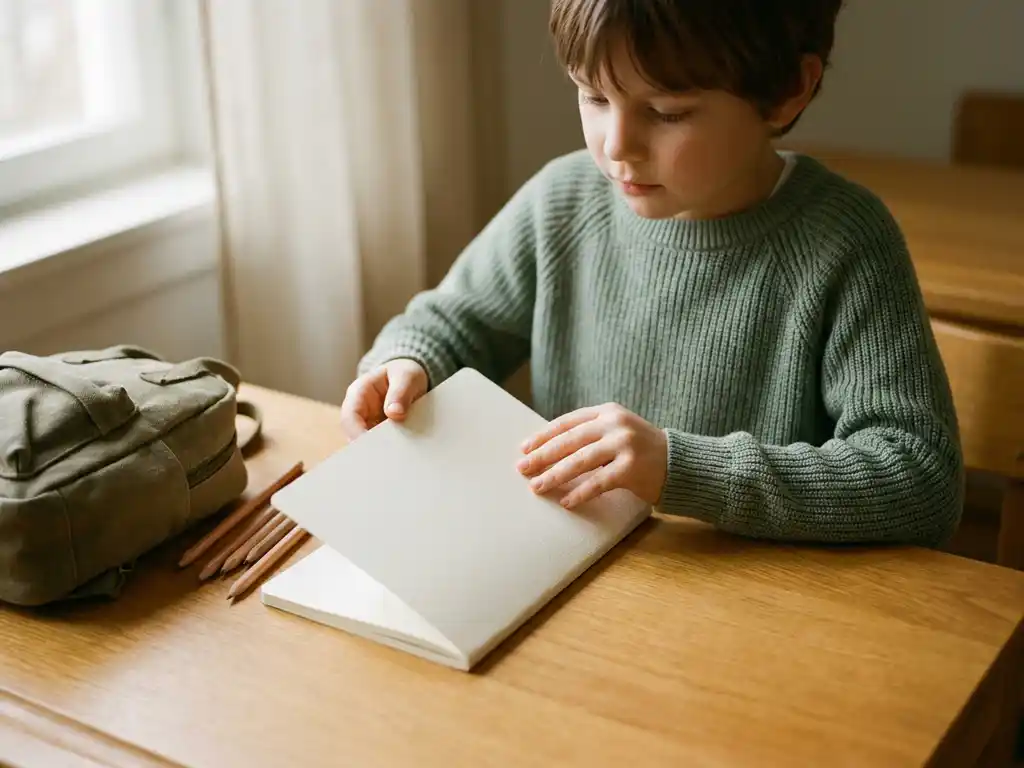 Kind opent nieuw notitieboek aan houten bureau met geslepen potloden en rugzak, warm natuurlijk raamlicht.