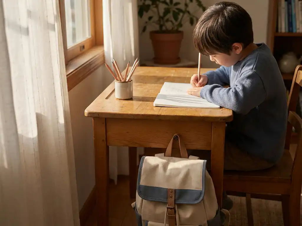 Kind aan houten bureau met open schrift en potloden, nieuwe rugzak tegen stoelpoot, warm natuurlijk raamlicht.