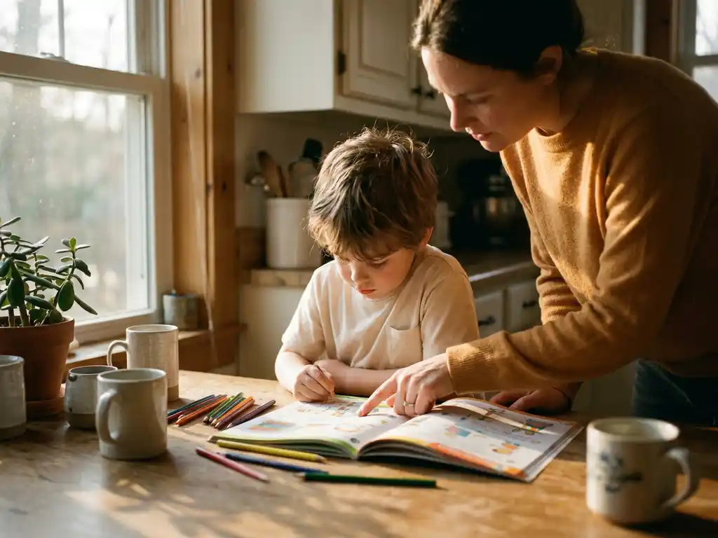 Kind werkt in werkboek aan zonnige houten keukentafel terwijl ouder meewijst, gekleurde potloden verspreid in warm middaglicht.