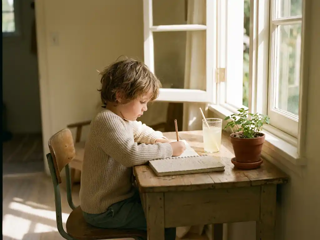 Kind schrijft rustig in notitieboek aan houten bureau bij open raam, met limonade en potplant in warm daglicht.