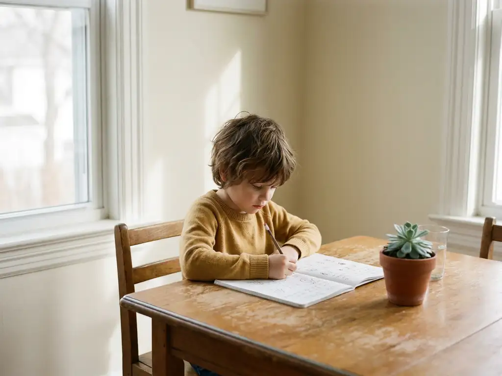 Kind werkt geconcentreerd aan huiswerk in notitieboek aan houten bureau bij zonnig raam, plant en glas water op tafel.