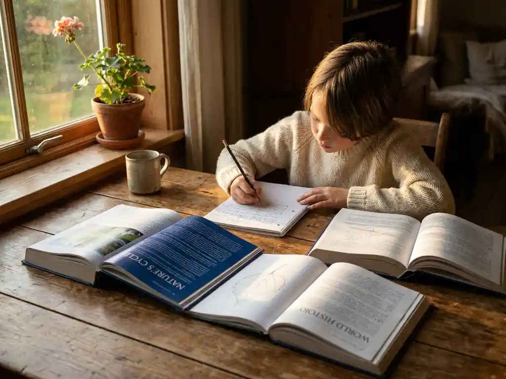 Kind studeert geconcentreerd aan houten bureau met open schriften en boeken, gouden zomerlicht door raam.