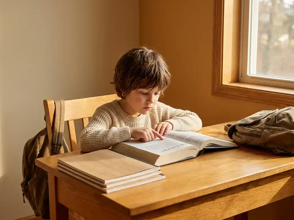 Kind leest geconcentreerd een schoolboek aan een houten bureau met notitieboeken en rugzak, warm middaglicht.