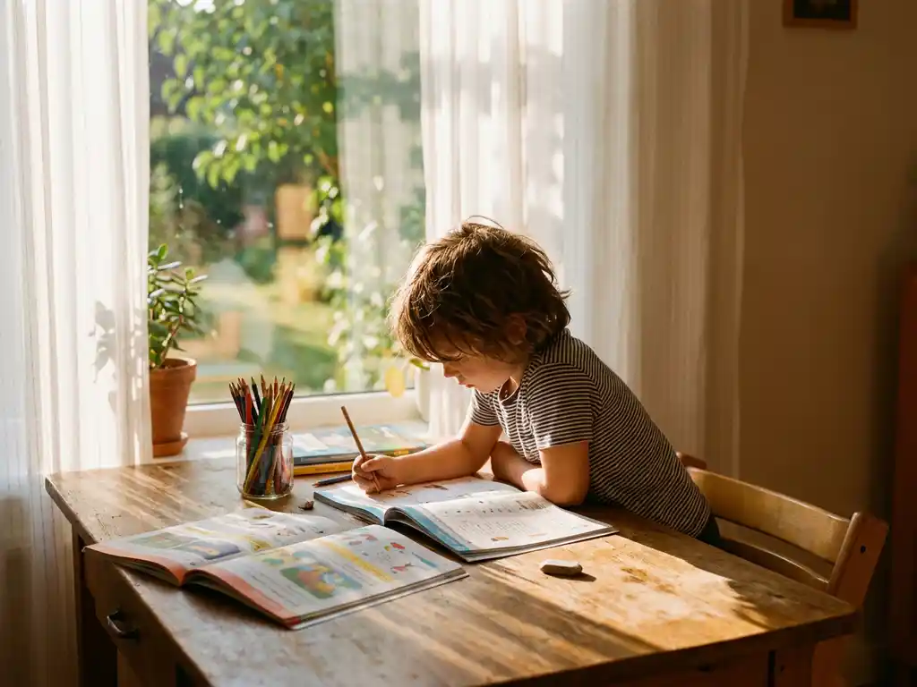 Kind aan houten bureau bij zonnig raam met open werkboeken en potloden, warm zomerlicht door dunne gordijnen.
