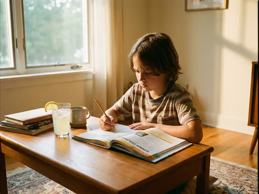 Kind studeert thuis aan houten bureau bij zonnig raam met open schoolboek, potlood en glas limonade in de zomer.
