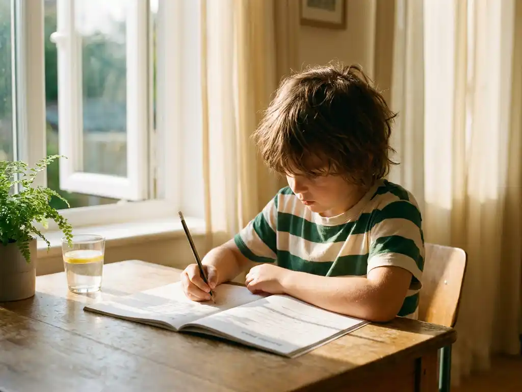 Kind werkt geconcentreerd in een schrift aan een houten bureau bij een open raam, warm zomers daglicht.